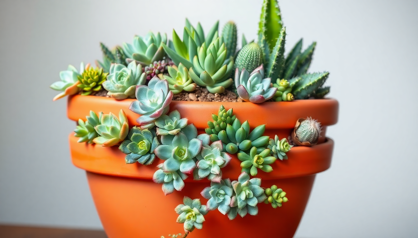Elevate Your Garden with Layered Succulents and Cacti in a Single Clay Pot