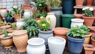 A garden display featuring ceramic and plastic pots