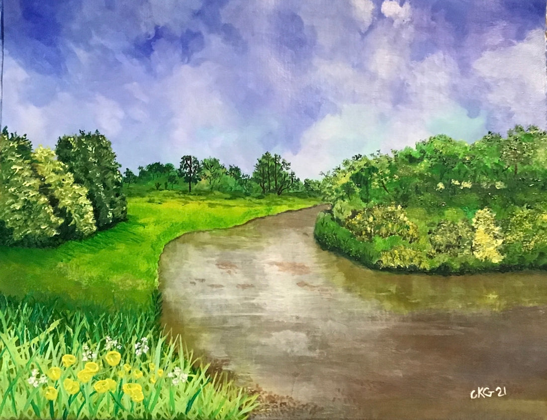 a painting of a river running through a lush green field