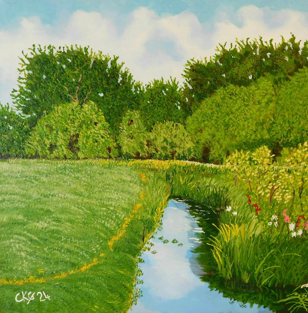 A painting of a grassy field with a stream running through it