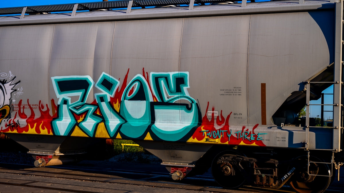 A train with graffiti on the side of it