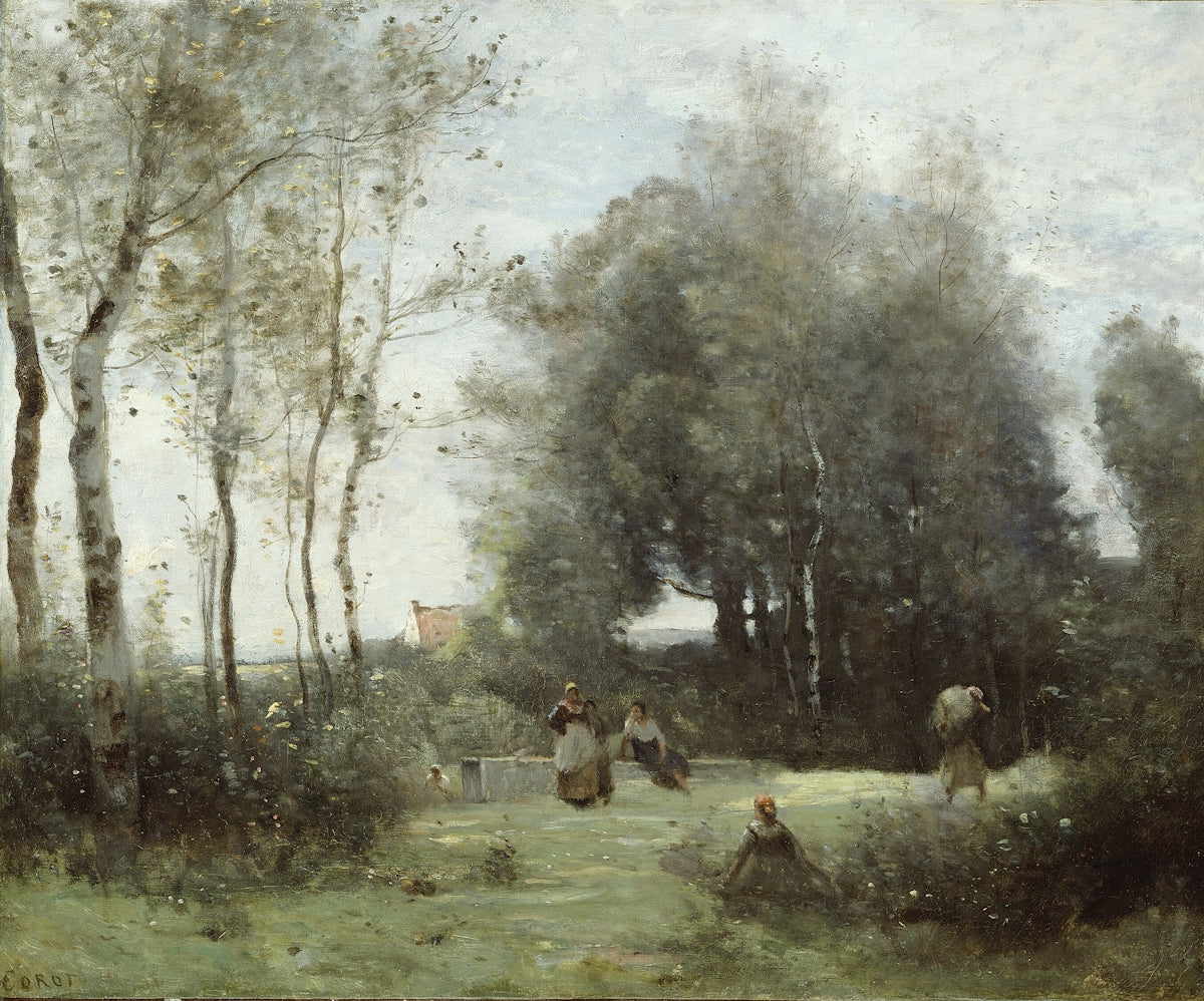 Figures working in a pastoral landscape with trees