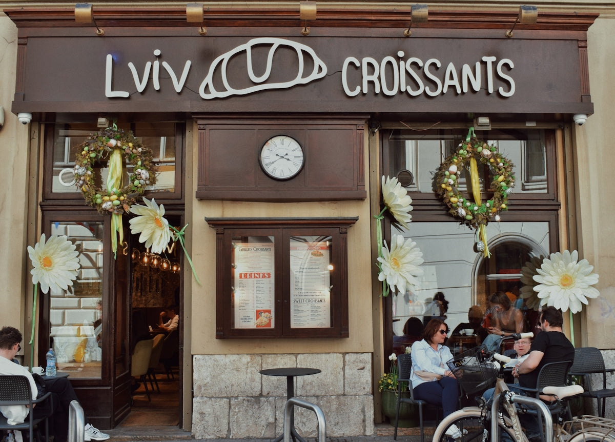 A cozy cafe in lviv, ukraine, selling croissants.