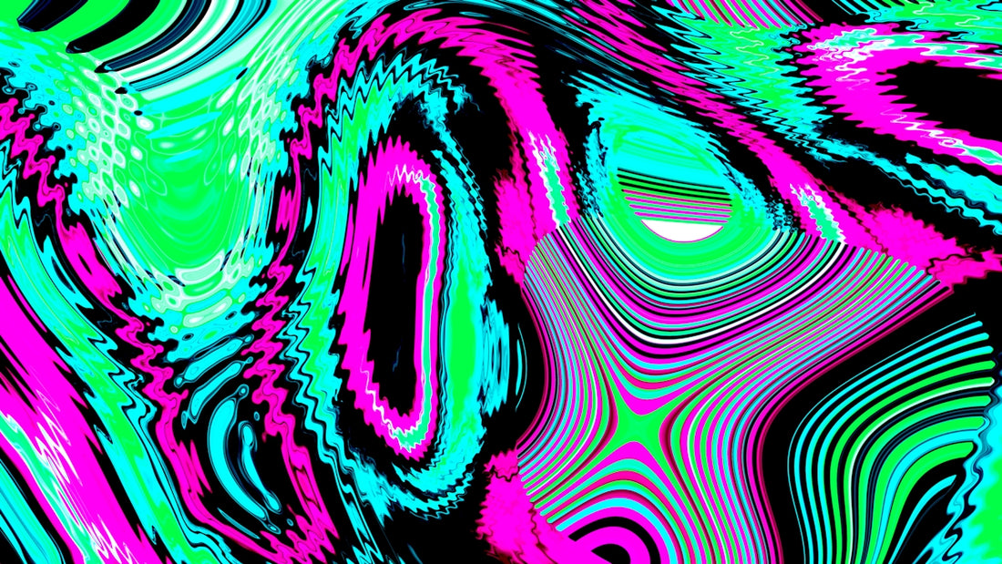 Abstract swirling patterns of neon green and pink.