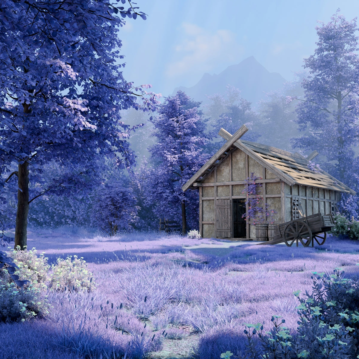 Rustic cabin in a vibrant purple forest landscape.