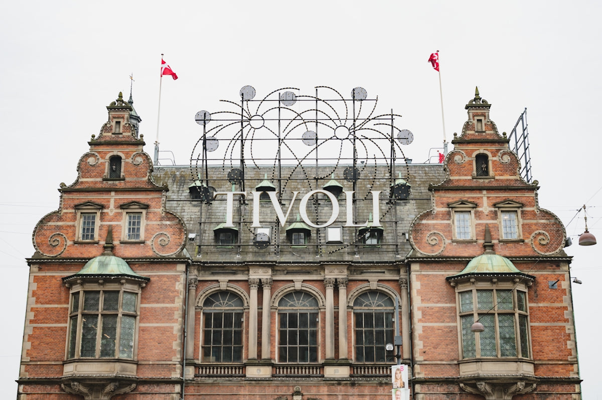 Tivoli gardens building with danish flags
