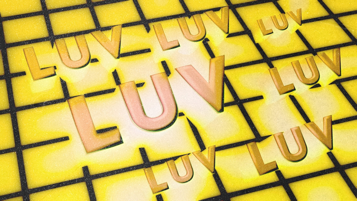Multiple glowing 'luv' words on a yellow grid background.