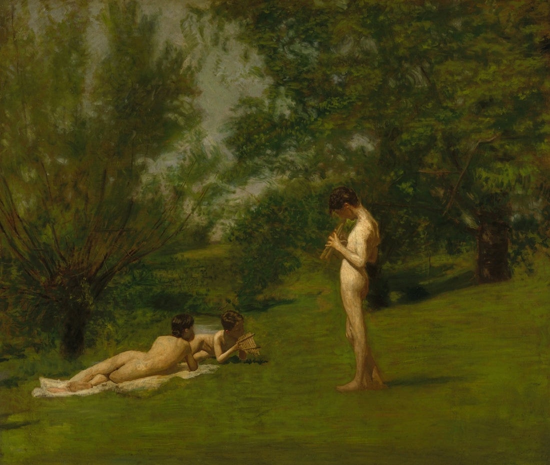 Nude figures relaxing and playing flute in a green landscape.